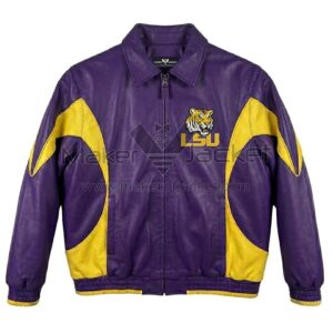 Front View Of LSU Tigers Purple Leather Jacket featuring LSU Tigers Chest Logo and Yellow Accents.