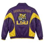 Back View Of LSU Tigers Purple Leather Jacket Featuring LOUISIANA STATE and LSU Tigers Logo Graphics.