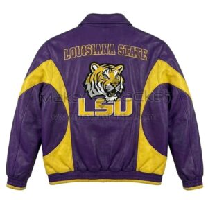 Back View Of LSU Tigers Purple Leather Jacket Featuring LOUISIANA STATE and LSU Tigers Logo Graphics.