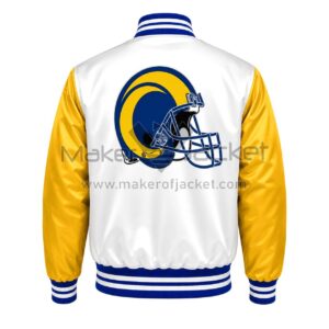 Back View Of Myles Garrett 95 Rams Jacket Featuring Large Los Angeles Rams helmet Logo