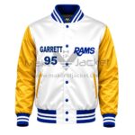 Front View Of Myles Garrett 95 Rams Jacket Featuring RAMS and Garrett 95 Chest Embroidery
