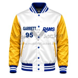 Front View Of Myles Garrett 95 Rams Jacket Featuring RAMS and Garrett 95 Chest Embroidery