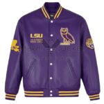 Front View Of OVO LSU Tigers Varsity Jacket Featuring OVO logo, LSU chest branding, rib-knit trims, and snap-button closure.