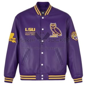 Front View Of OVO LSU Tigers Varsity Jacket Featuring OVO logo, LSU chest branding, rib-knit trims, and snap-button closure.