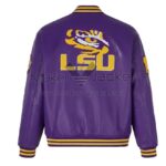 Back View Of OVO LSU Tigers Varsity Jacket featuring large LSU spell patch and varsity leather design.