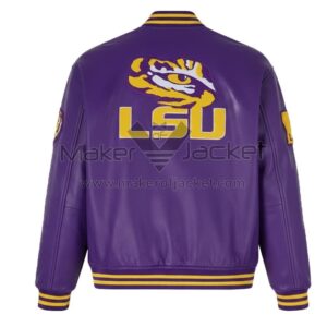 Back View Of OVO LSU Tigers Varsity Jacket featuring large LSU spell patch and varsity leather design.