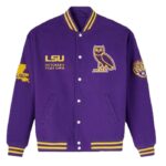 Front View Of Purple LSU OVO Bomber Jacket Featuring OVO logo, LSU chest branding, rib-knit trims, and snap-button closure.