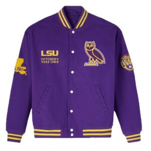 Front View Of Purple LSU OVO Bomber Jacket Featuring OVO logo, LSU chest branding, rib-knit trims, and snap-button closure.