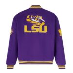 Back View Of Purple LSU OVO Bomber Jacket featuring large LSU spell patch and varsity leather design.