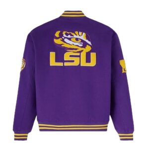 Back View Of Purple LSU OVO Bomber Jacket featuring large LSU spell patch and varsity leather design.