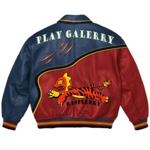 Back View Of Play Gallery Raspberry Leather Jacket featuring large PLAY GALERRY logo with Tiger Patch and Raspberry spell design.