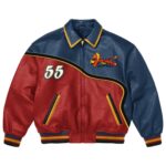 Front View Of Play Gallery Raspberry Leather Jacket Featuring Tiger Patch, Raspberry spell, 55 chest graphic, and YKK zipper.