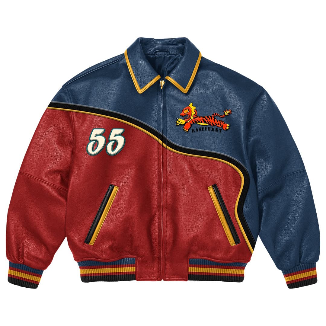 Play-Gallery-Raspberry-Leather-Jacket-Front-Image Front View Of Play Gallery Raspberry Leather Jacket Featuring Tiger Patch, Raspberry spell, 55 chest graphic, and YKK zipper.