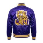 Back View Of Purple LSU tiger patch jacket featuring Large LSU Tigers Spell Logo.