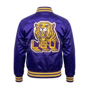 Back View Of Purple LSU tiger patch jacket featuring Large LSU Tigers Spell Logo.