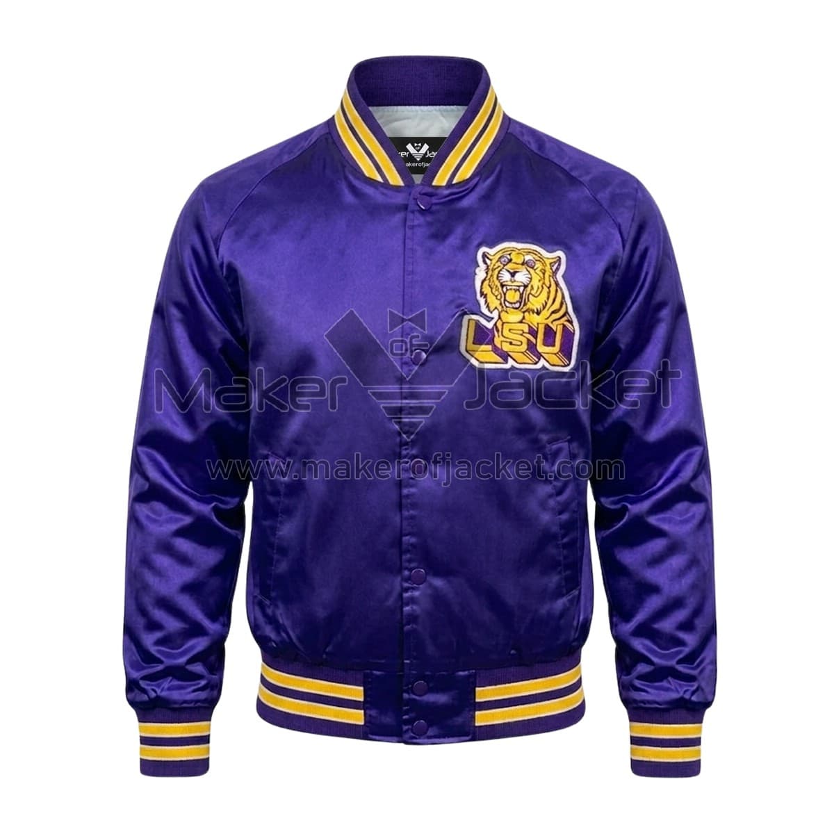 Purple-LSU-Tiger-Patch-Jacket-Front Front View Of Purple LSU tiger patch jacket featuring Team Logo on Left Chest.