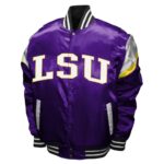 Front View Of LSU Tigers Power Satin Jacket featuring LSU lettering, snap-button closure, rib-knit trim, and purple, white, and yellow varsity design.