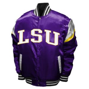 Front View Of LSU Tigers Power Satin Jacket featuring LSU lettering, snap-button closure, rib-knit trim, and purple, white, and yellow varsity design.