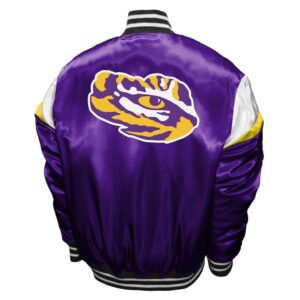 Back View Of LSU Tigers Power Satin Jacket showcasing LSU secondary patch, satin finish, and classic purple, white, and yellow varsity styling.