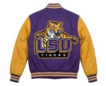 Back View Of Purple yellow LSU tigers jacket featuring large LSU Tigers spell logo and yellow leather sleeves