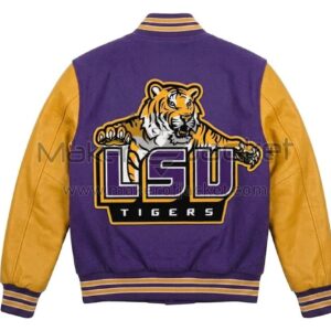 Back View Of Purple yellow LSU tigers jacket featuring large LSU Tigers spell logo and yellow leather sleeves