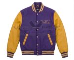 Front View Of Purple yellow LSU tigers jacket Featuring wool body, yellow leather sleeves, LSU chest lettering, and snap-button closure.
