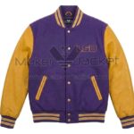 Front View Of Purple yellow LSU tigers jacket Featuring wool body, yellow leather sleeves, LSU chest lettering, and snap-button closure.