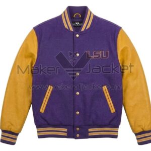 Front View Of Purple yellow LSU tigers jacket Featuring wool body, yellow leather sleeves, LSU chest lettering, and snap-button closure.