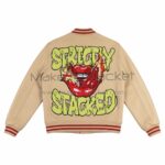 Back View Of Strictly Stacked Beige varsity jacket Featuring Large Strictly Stacked Graphic Design.