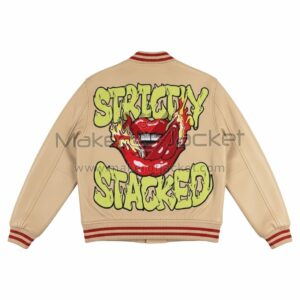 Back View Of Strictly Stacked Beige varsity jacket Featuring Large Strictly Stacked Graphic Design.