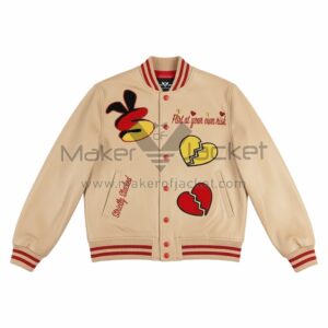 Front View Of Strictly Stacked Beige varsity jacket Featuring Flirt at Your Own Risk Embroidery and Broken Heart S Patch.
