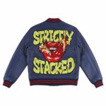 Back View Of Strictly Stacked Blue varsity jacket Featuring Large Strictly Stacked Graphic Design.