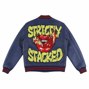 Back View Of Strictly Stacked Blue varsity jacket Featuring Large Strictly Stacked Graphic Design.