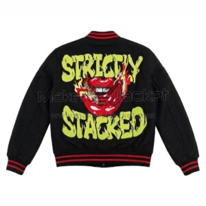 Back View Of Strictly Stacked black varsity jacket Featuring Large Strictly Stacked Graphic Design.