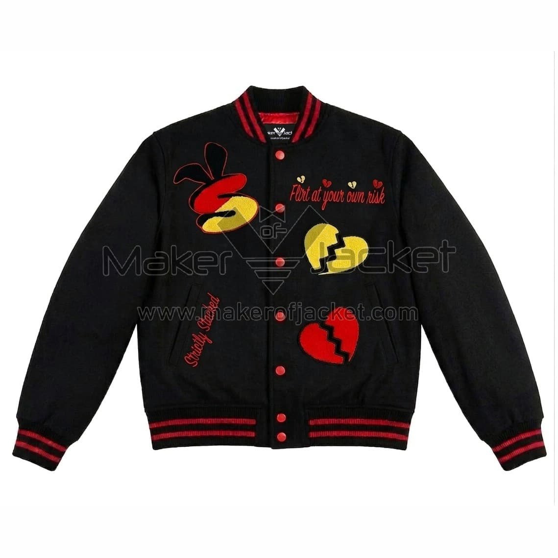Strictly-Stacked-black-varsity-jacket-Front-1200px-x-1200px Front View Of Strictly Stacked black varsity jacket Featuring Flirt at Your Own Risk Embroidery and Broken Heart S Patch.