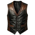 Front View Of Studded Embroidered Leather Vest Featuring silver stud detailing and premium leather.