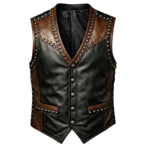 Front View Of Studded Embroidered Leather Vest Featuring silver stud detailing and premium leather.