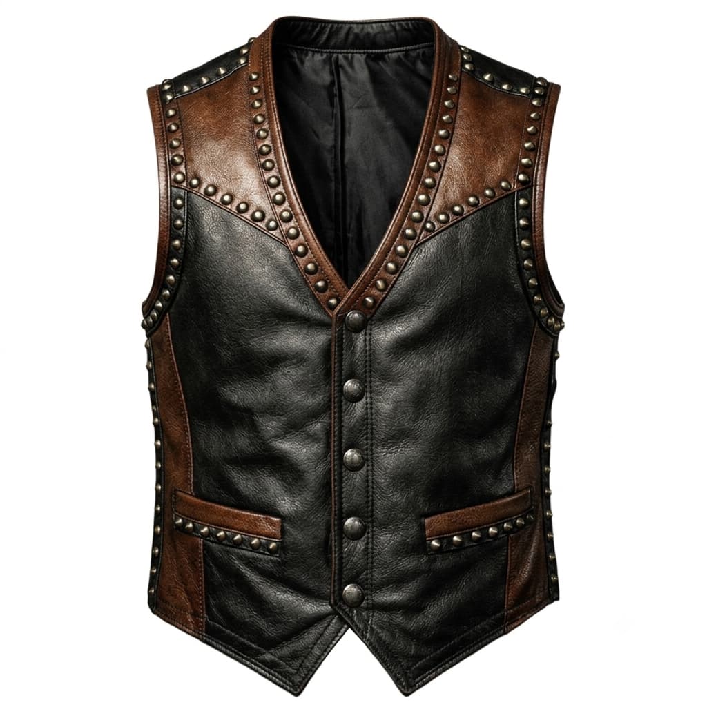Studded-Embroidered-Leather-Vest-Front-Image Front View Of Studded Embroidered Leather Vest Featuring silver stud detailing and premium leather.