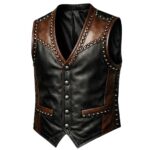 Left Side View Of Studded Embroidered Leather Vest featuring silver studs and premium leather.