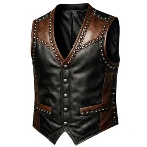 Left Side View Of Studded Embroidered Leather Vest featuring silver studs and premium leather.