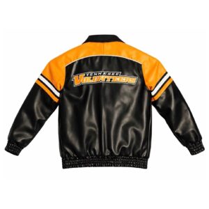 Back View Of TENNESSEE VOLUNTEERS Football Leather Jacket Featuring large TENNESSEE VOLUNTEERS lettering in black, gold, and white.