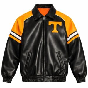 Front View Of TENNESSEE VOLUNTEERS Football Leather Jacket Featuring black, gold, and white with T logo on left chest.