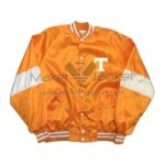 Front View Of Tennessee Volunteers Satin Jacket Featuring orange and white with T logo on left chest.