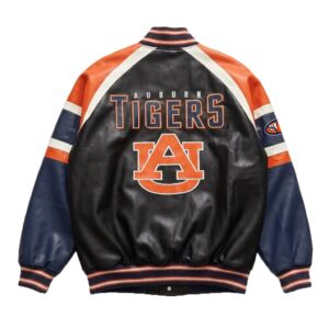 Back View of Vintage Auburn Tigers Leather Jacket featuring bold AUBURN TIGERS lettering with AU logo in black, blue, and orange leather.