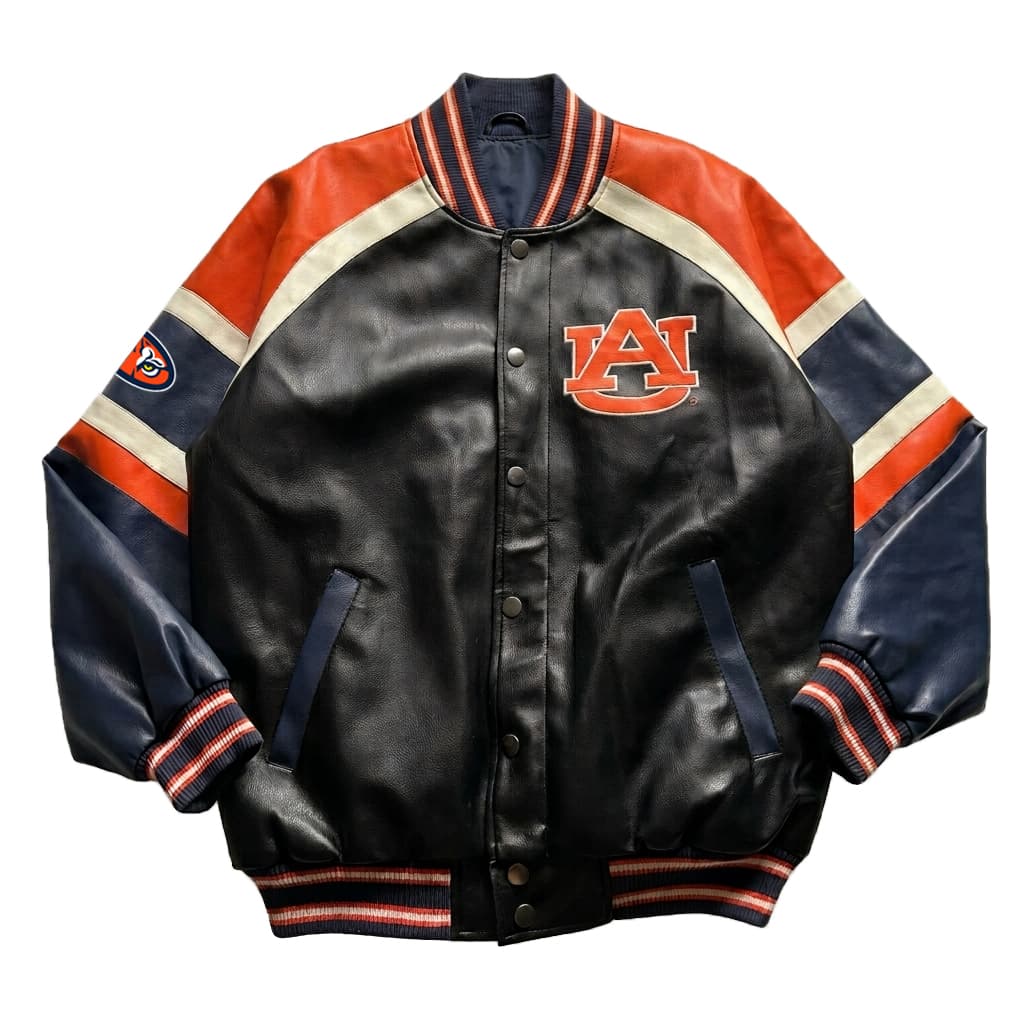 Vintage-Auburn-Tigers-Leather-Jacket-Front Front View Of Vintage Auburn Tigers Leather Jacket featuring black, blue, and orange with AU chest logo, Tigers sleeve patch, snap-button closure, and rib-knit trim.