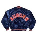 Back View of Vintage Auburn Tigers Satin Jacket featuring large AUBURN lettering on premium navy satin with rib-knit waistband.