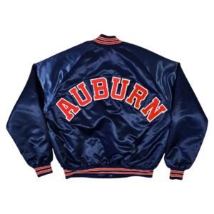 Back View of Vintage Auburn Tigers Satin Jacket featuring large AUBURN lettering on premium navy satin with rib-knit waistband.