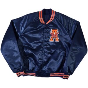 Front View Of Vintage Auburn Tigers Satin Jacket Featuring A AUBURN logo on left chest, snap-button closure, rib-knit collar, cuffs, and waistband.