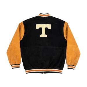 Back View Of Vintage University Of Tennessee Jacket Featuring black and gold featuring a large T logo.