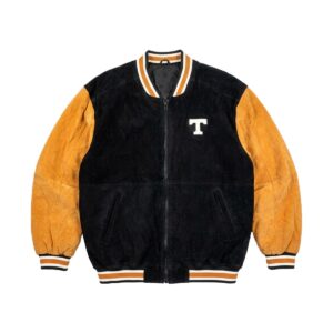 Front View Of Vintage University Of Tennessee Jacket Featuring black and gold with T logo on the left chest.
